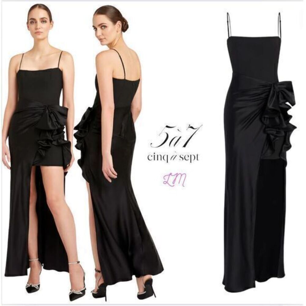 Cinq a Sept Drina Gown High Low Crepe Satin Bow Size 6 Black